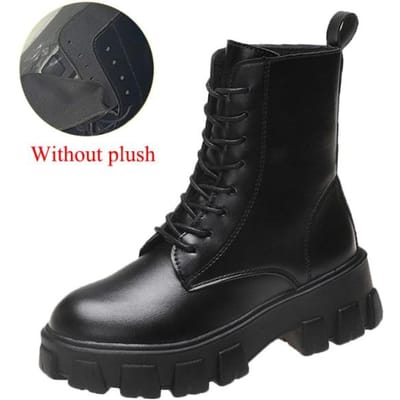 Rimocy Chunky Platform Enkellaarsjes Voor Dames Herfst Winter Warme Pluche Pu Leer Botas Mujer Dikke Zool Veterschoenen Vrouw 37 zwart
