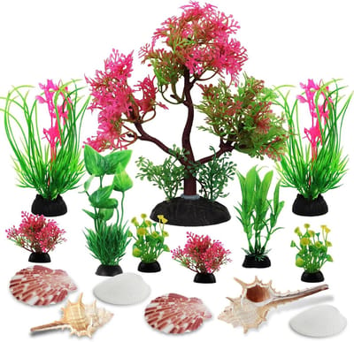 Kleurrijke Kunstplanten voor Aquarium, 15 Stuks Decoratie met Natuurlijke Schelpen, Ideaal voor Thuis en Kantoor