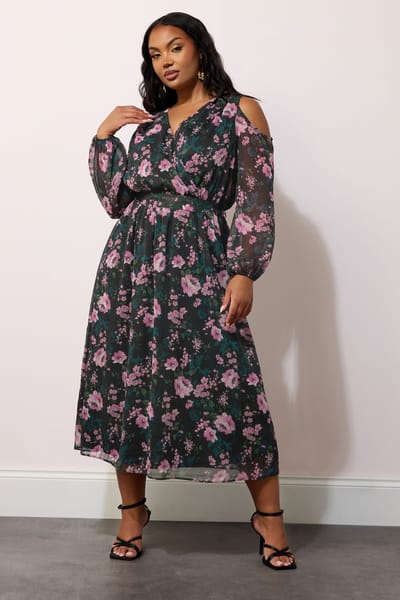 Yours London Midaxijurk Met Omslag, Bloemenprint En Blote Schouders In Zwart Size 44