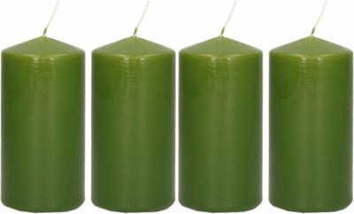 Trend Candles Cilinderkaars/stompkaars - 4x - olijfgroen - 5 x 10 cm - 23 branduren - met brandvertragende folie