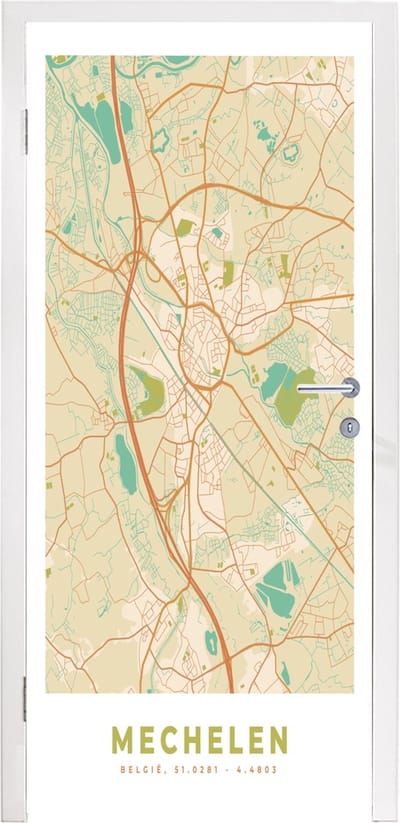 Deursticker Kaart - Retro - Vintage - België - Plattegrond - Stadskaart - 95x235 cm - Deurposter
