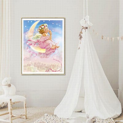 Fées sur la lune Peinture Diamant Portrait Petit ange Broderie Point de Croix Forage Rond Complet 20X30CM white