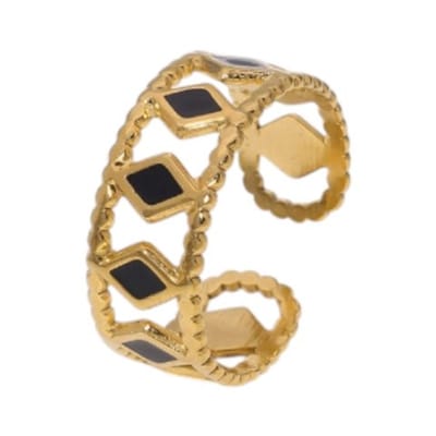 Aramat Jewels | Ringen | Verstelbare RVS Ring Emaille Ruitjes - Goud met Wit of Zwart | Zwart | |14mm | Staal | Volwassenen | Verkleurd niet