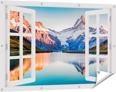 Gards Tuinposter Doorkijk Bergen Landschap bij het Meer - 120x80 cm - Tuindoek - Tuindecoratie - Wanddecoratie buiten - Tuinschilderij