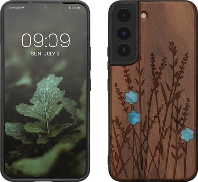 kwmobile telefoonhoesje geschikt voorSamsung Galaxy S22 - Hoesje met bumper - hout - In donkerbruin Parelmoer lavendel design