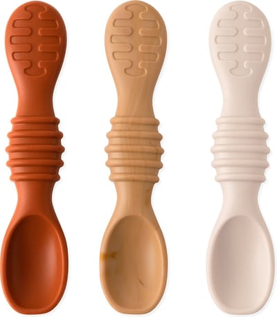 Bumkins Silicone Dipping Spoons - Siliconen Diplepels voor Baby - Set van 3 Oefenlepels - Eerste Lepel voor Zelf Eten - Baby Led Weaning BLW - Vaatwasserbestendig - BPA-vrij - Rocky Road - Terracotta Houtlook Zandkleur - Unisex
