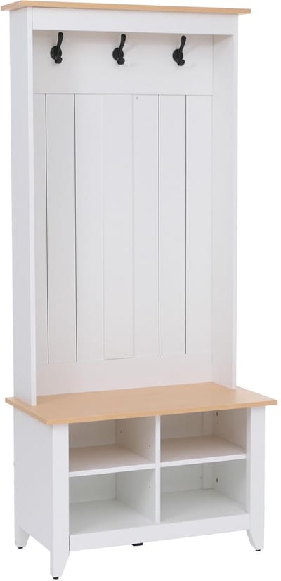 Garderobekast MCW-P28, staande garderobekast met schoenenrek en zitbank, 3 haken, 4 opbergvakken, melamine, 170 x 76 x 39 cm ~ wit, naturel
