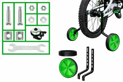 Goodz4All Groene Zijwieltjes Kinderfiets Trainingswieltjes compleet incl. Montagemateriaal en Steeksleutel - extra met Zilverkleurige Bel