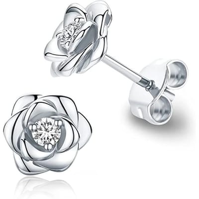 Huitan Rozenbloemen Oorknopjes Vrouwen 4 Metalen Kleuren Exquise Vrouwelijke Oorbellen met Glanzende Zirkonia Esthetische Oorsieraden white
