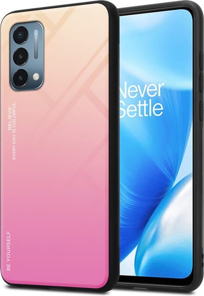 Cadorabo Hoesje geschikt voor OnePlus Nord N200 5G in GEEL - ROZE - Tweekleurige beschermhoes van TPU-silicone Case Cover en achterzijde van gehard glas