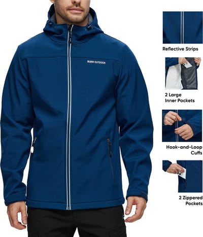 BUBW® Heren Outdoorjas - Softshell Jas 4 Seizoenen - Waterdicht - Winddicht - Ademend - Met Capuchon - Warm Gevoerd - Zon Beschermend - Outdoor - Navy - Maat M