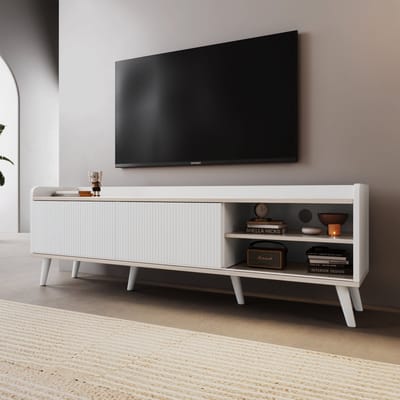 MODENUIT Televisiemeubel - Met 2 Schuifdeuren En 2 Lades - Voor Woonkamer - Spaanplaat En Hout - 160x40x58 cm - Wit