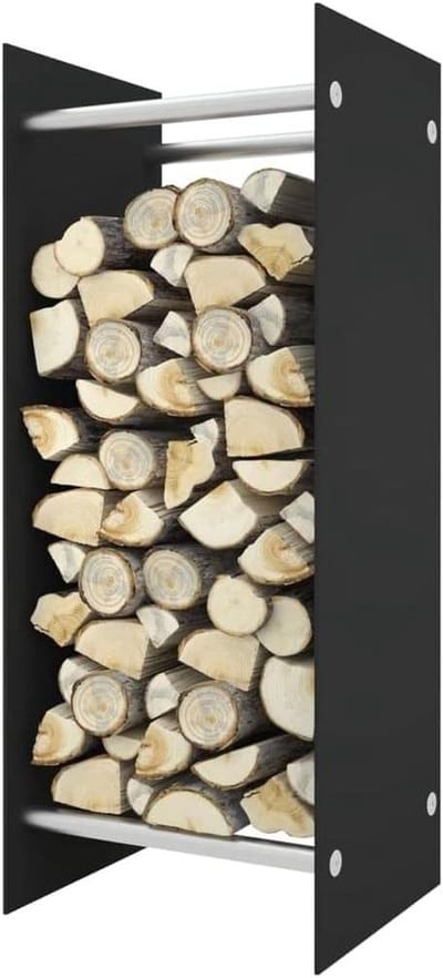 Brandhoutrek - Houtopslag - Haardhout Opslag - Gehard Glas Staal - 40 x 35 x 100 cm - Zwart