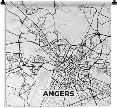 Wandkleed - Wanddoek - Stadskaart - Plattegrond - Angers - Kaart - Frankrijk - Zwart wit - 180x180 cm - Wandtapijt