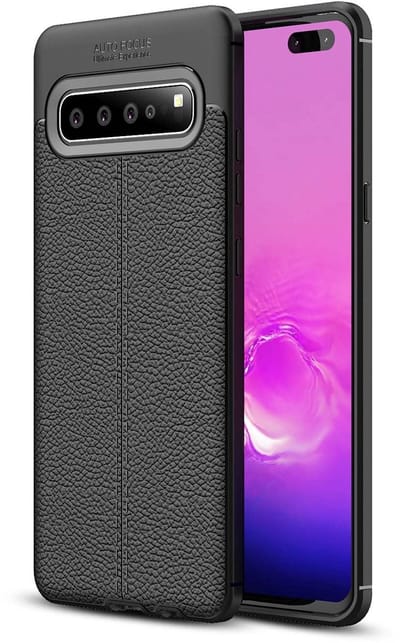 Cadorabo Hoesje geschikt voor Samsung Galaxy S10 5G in Diep Zwart - Beschermhoes gemaakt van TPU siliconen met edel kunstleder applicatie Case Cover Etui