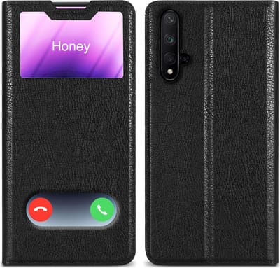 Cadorabo Hoesje geschikt voor Honor 20 / 20S / Huawei NOVA 5T in KOMEET ZWART - Beschermhoes met magnetische sluiting, standfunctie en 2 kijkvensters Book Case Cover Etui