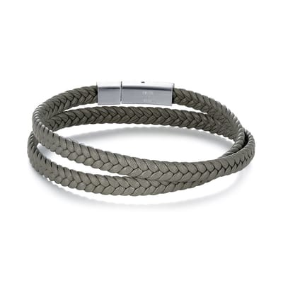 Twice As Nice Armband in edelstaal, dubbel grijs gevlochten leer 21cm