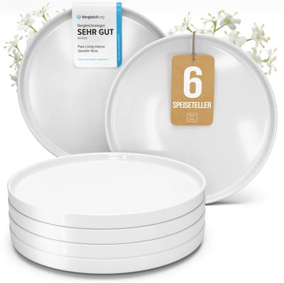 Pure Living Crystal Dinerborden - Wit - 6 Stuks (Ø 26 cm) - Porselein - Stootvast - Magnetron & Vaatwasserbestendig