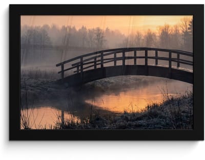 Poster in lijst - Fotolijst 30x20 cm - Posters - Brug - Mist - Bomen - Water - Posterlijst zwart - Decoratie - Wanddecoratie woonkamer - Muurdecoratie slaapkamer