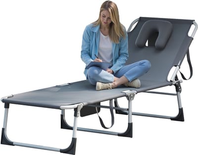 Opvouwbare Ligstoel, Zwembad met Tas, Hoofdsteun, Gezichtsgat, Verstelbare Rugleuning, Relaxstoel van Metalen Frame, Donkergrijs Campingstoel, Zonnebad voor Tuin/Buiten/Terras, NAIZY