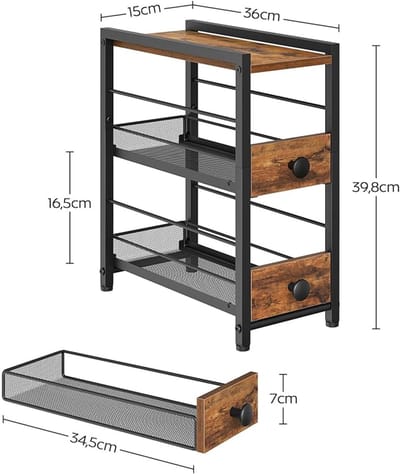 Kruidenrek met Uittrekbare Lades – 3-Niveaus Keuken Organizer – Voor Kruiden, Siroop & Koffiecapsules – Vintage Bruin/Zwart
