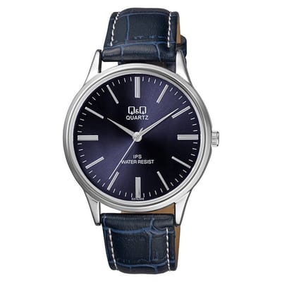 Q&Q C214J332Y - Horloge - Analoog - Mannen - Heren - Leren band - Rond - Metaal - Streepjes - DonkerBlauw - Blauw - Zilverkleurig