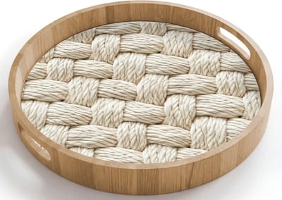 Dienblad rond 40x40 cm - Schootdienblad hout - Touw - Gebreid - Beige - Borrelplank rechthoek - Plateau houten dienbladen