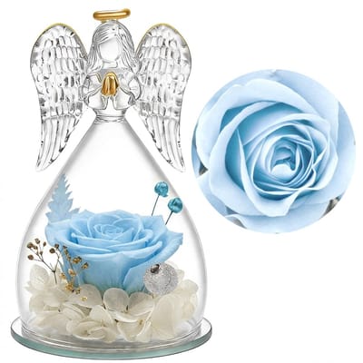 Dailygoods - Eeuwige Roos in Glazen Engel, Handgemaakte Geconserveerde Roos, Cadeau voor Vrouwen, Moederdag, Verjaardagscadeau voor Mama, Oma, Vriendin (Blauw)