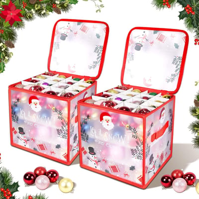 Famanu – Opbergdoos voor kerstballen - 2 stuks kerstballendoos - kerstboomballen-tas - opbergbox voor kerstballen met verstelbare scheidingswanden - 64 vakken - 4 niveaus - 2 ritssluitingen