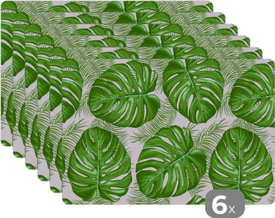 Placemat - Placemats kunststof - Monstera - Palmblad - Patronen - 45x30 cm - 6 stuks - Hittebestendig - Anti-Slip - Onderlegger - Afneembaar