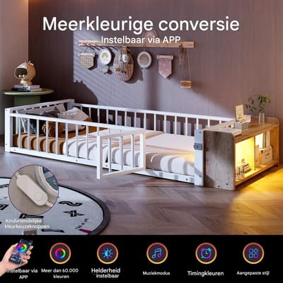 VVBV Metalen Eenpersoonsbed 90x200 cm met Voor Kinderen/Tieners, Uitvalbeveiliging - Planken - Metaal Wit - Zonder Matras