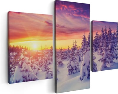 Artaza Canvas Schilderij Drieluik Zonsondergang In Het Sneeuw Bos  - 90x60 - Foto Op Canvas - Canvas Print