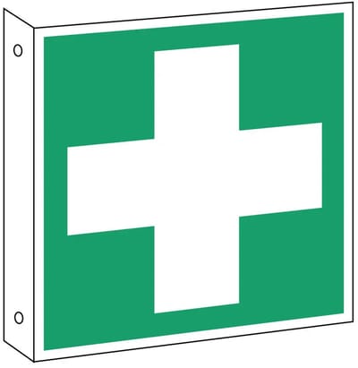 Haaks dubbelzijdig EHBO bord – aluminium – E003 | 20 x 20 cm