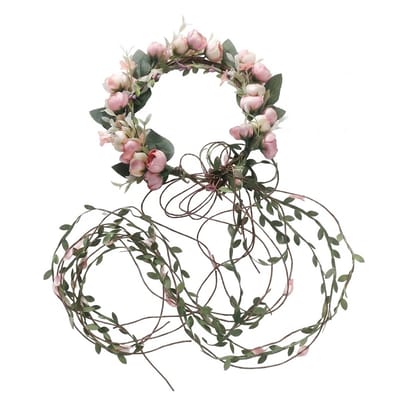 Roze krans bloemen rond kunststof krans met groene bladeren en touw strik decoratieve hanger wanddecoratie geschikt voor dames en heren
