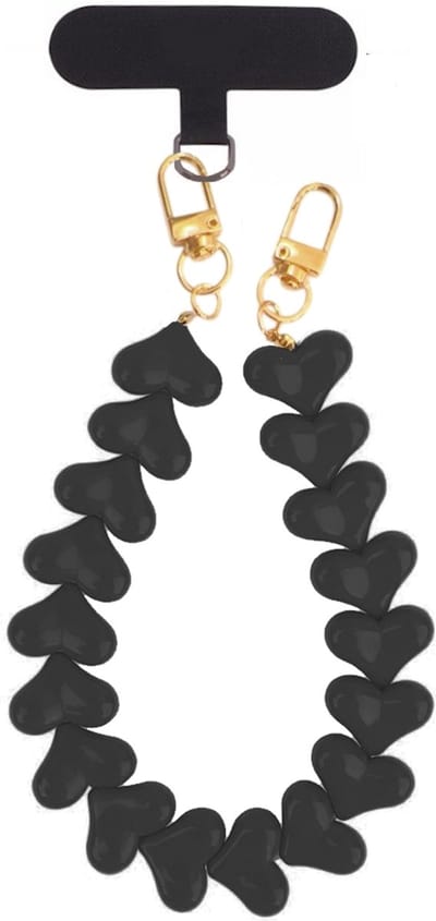 Telefoonkoord / Tashanger - Hartjes Zwart | Lengte 33 cm | Acryl/Bijoux | Fashion Favorite