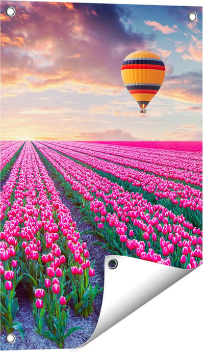 Gards Tuinposter Bloemenveld met Roze Tulpen - Luchtballon - 40x60 cm - Tuindoek - Tuindecoratie - Wanddecoratie buiten - Tuinschilderij