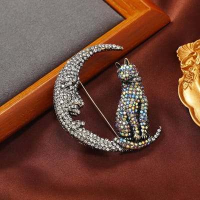 Insignes Broches Pleine Cristal Lune Chat Exquis de Luxe Pour Femmes Design Mode Vêtements Costume Broches Fête Corsage Femme gray