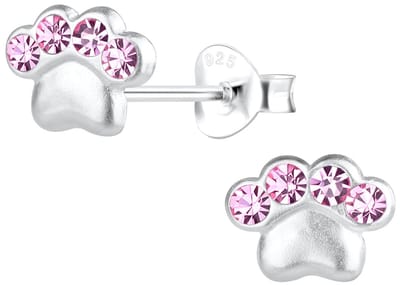 Joy|S - Zilveren kat hond dierenpoot oorbellen - 8 x 6 mm - roze kristal - poot afdruk