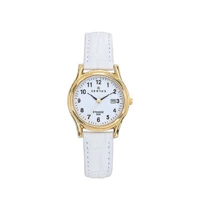 Certus-dameshorloge-model 646606-goudkleurig-datum-wit lederen band-5 atm waterdicht-diameter 28mm-made in France