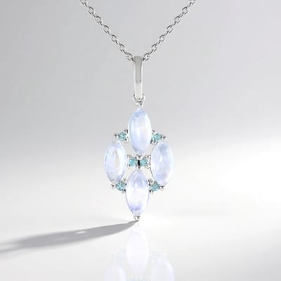 Cavill - Halsketting 925 Sterling Zilver Rhodium - 4 Blauwe Maansteen 2.7 ct Marquise Cabochon - 6 Ratanakiri Zirkon 0.108 ct