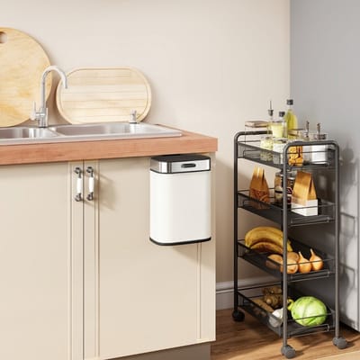 HAUSS SPOLE Prullenbak – 5 L Hangbaar En Vrijstaand – 21,5 x 19,5 x 42 cm – Metaal – Crèmewit – Voor Keuken En Kleine Ruimtes