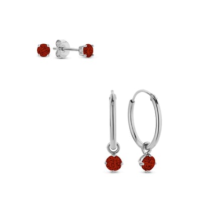 New Bling 9SIL-SET0008 Zilveren Set Oorringen met hangertje en Oorknopjes met Zirkonia - 15mm Doorsnee - Knopjes 3mm - Rood - Rhodium - Zilver
