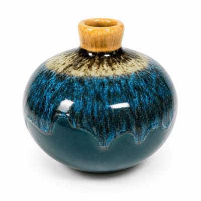 Knopvaasje keramiek – - kobalt blauw drip - handgemaakt decoratief vaasje – minimalistisch bloemenvaasje – compact woonaccessoire (1 stuk)