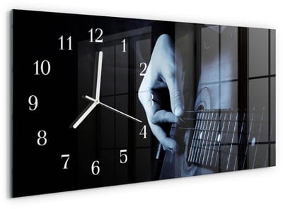 Tulup Wandklok - Gitarist Klok Glas Met Opdruk - 60x30 cm - Zwart Moderne Wandklok Glas - Witte Handen - Rechthoekige Wandklok - Decoratieve Glazen Klok - Glazen Wandklok Design