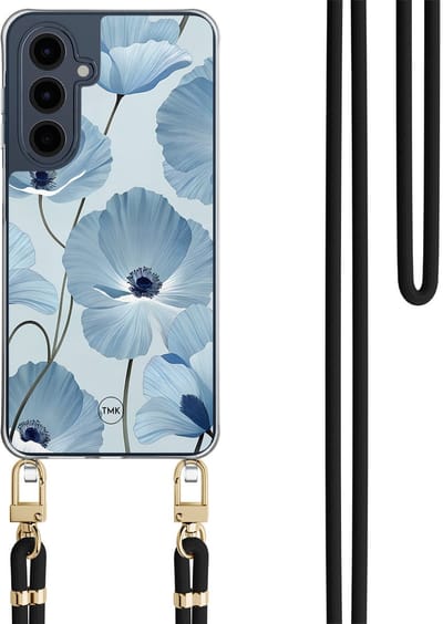 Telefoonhoesje met koord geschikt voor Samsung A16 - Blauw bloemenveld - Inclusief Zwart koord - Transparant, Blauw - Bloemen - Crossbody beschermhoes - Met Telefoonketting