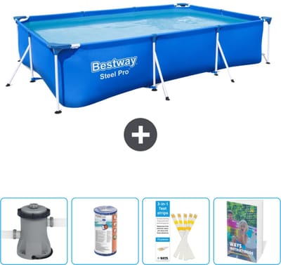Bestway Rechthoekig Steel Pro Zwembad - 300 x 201 x 66 cm - Blauw - Inclusief Pomp Filter - Testrips - Zwembadgids