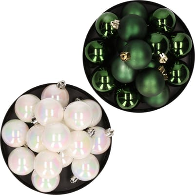 Kerstversiering kunststof kerstballen kleuren mix parelmoer wit/ donkergroen 4 en 6 cm pakket van 80x stuks