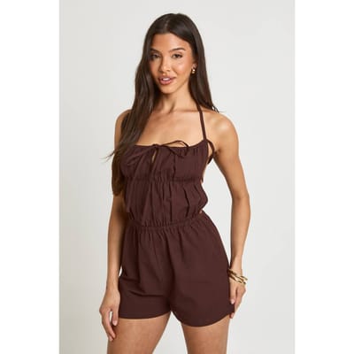 boohoo Dames Linnen Look Playsuit Met Gesmockte Taille | Chocoladebruin | Maat: 36