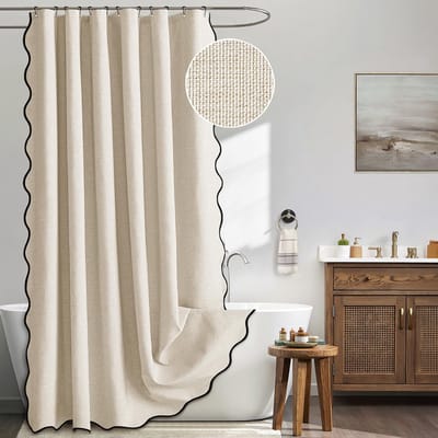 Waaiervormig Linnen Look Douchegordijn Crème/Beige 180x200cm - Met Zwarte Rand, Waterdicht & Wasbaar-Belle's product