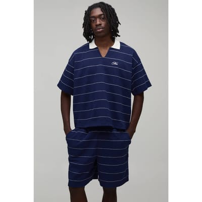 Oversized Boxy Piqué Gestreepte Polo & Relaxed Short Set | Navy | Size XS